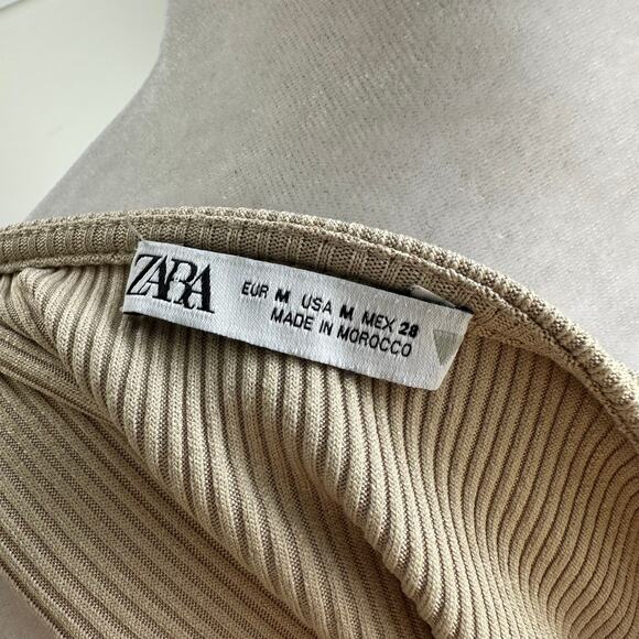 Zara Gold Tan Ribbed Side Tie Ruched Sexy Stretch Casual Tank Dress Medium - Picture 7 of 8